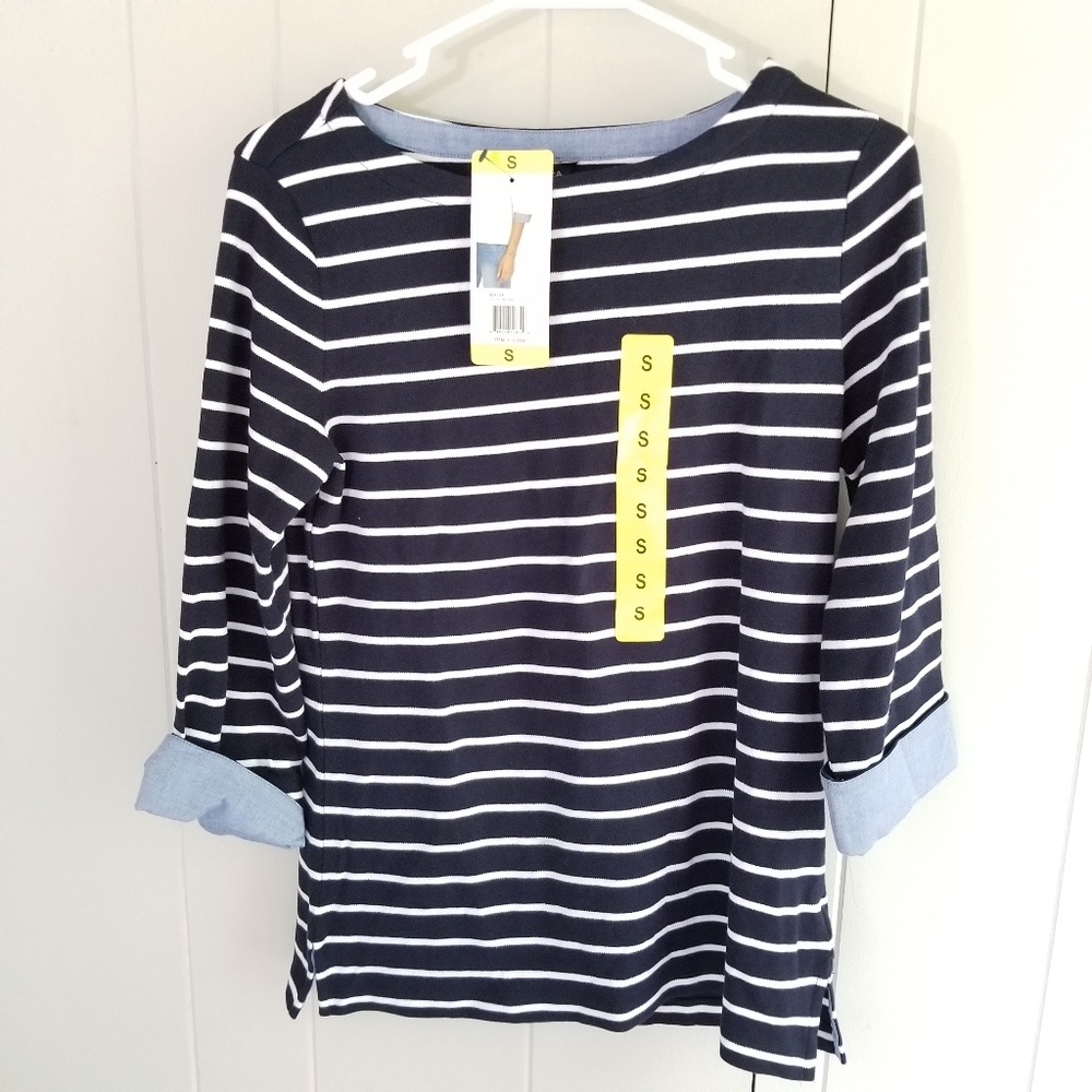 Nautica Striped Chambray Cuff Sleeve Top Sz Small